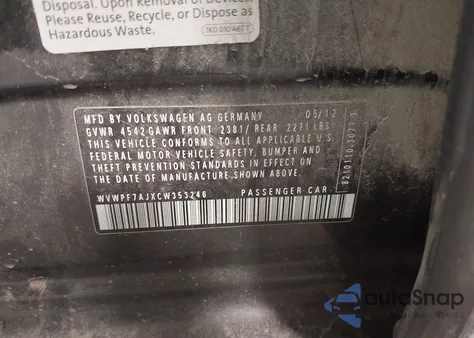 2012 Volkswagen Golf R 4-Door z USA, uszkodzony, nr VIN WVWPF7AJXCW353246